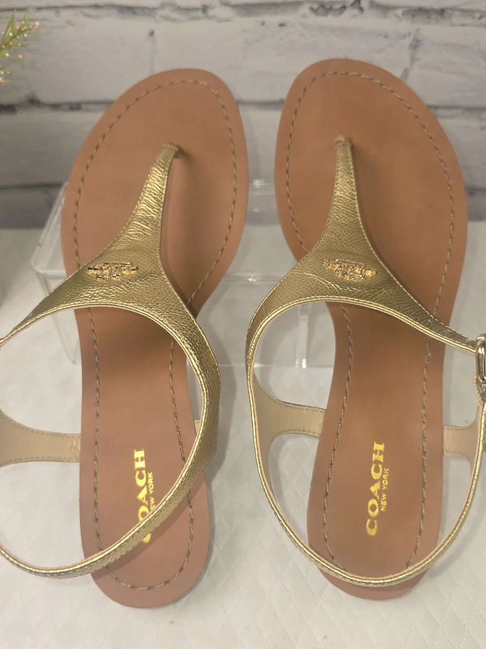 COACH CHEYANNE T-STRAP GOLD METALLIC SANDALS SMALL WEDGE HEEL WOMENS 9.5 - Picture 4 of 9